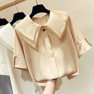 Women's Chiffon Short Sleeves Blouse with Double Collar in Pink Size L